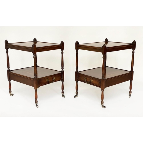 116 - LAMP TABLES, a pair, George III design mahogany and crossbanded each with two tiers and drawer, 47cm... 