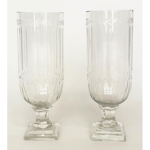 117 - STORM LANTERNS, a pair, engraved cut glass, each cylindrical with facetted stepped, 35cm H. (2)