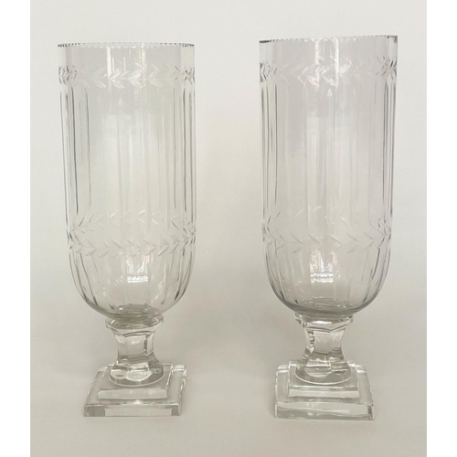 117 - STORM LANTERNS, a pair, engraved cut glass, each cylindrical with facetted stepped, 35cm H. (2)