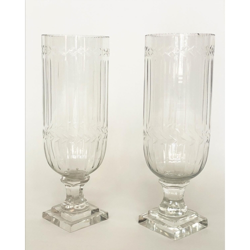 117 - STORM LANTERNS, a pair, engraved cut glass, each cylindrical with facetted stepped, 35cm H. (2)