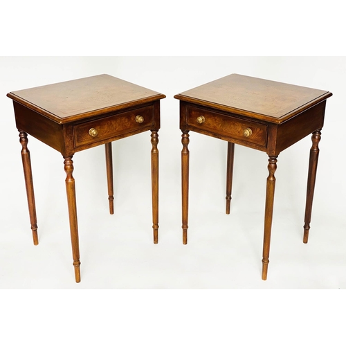 122 - LAMP TABLES, a pair, Regency design burr walnut and crossbanded each with drawer and turned supports... 