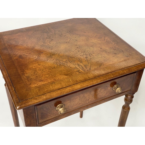 122 - LAMP TABLES, a pair, Regency design burr walnut and crossbanded each with drawer and turned supports... 