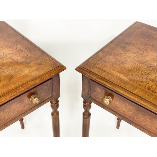 122 - LAMP TABLES, a pair, Regency design burr walnut and crossbanded each with drawer and turned supports... 