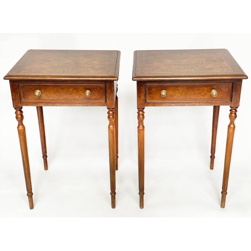 122 - LAMP TABLES, a pair, Regency design burr walnut and crossbanded each with drawer and turned supports... 