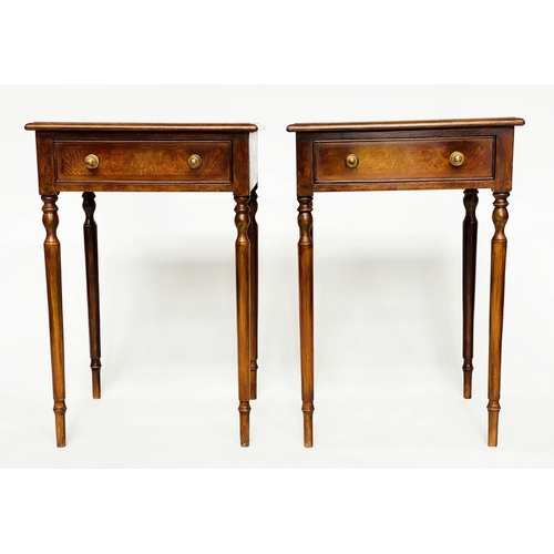 122 - LAMP TABLES, a pair, Regency design burr walnut and crossbanded each with drawer and turned supports... 