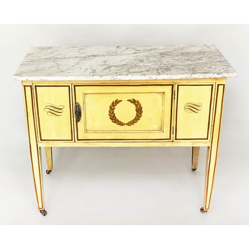 124 - SIDE CABINET, Edwardian lemon yellow painted with gilt wreath and scroll decoration and single panel... 