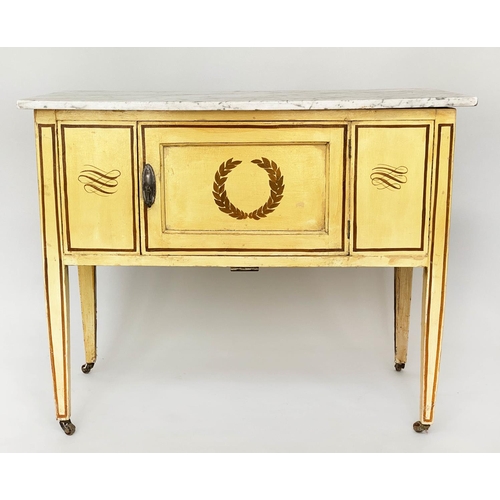 124 - SIDE CABINET, Edwardian lemon yellow painted with gilt wreath and scroll decoration and single panel... 