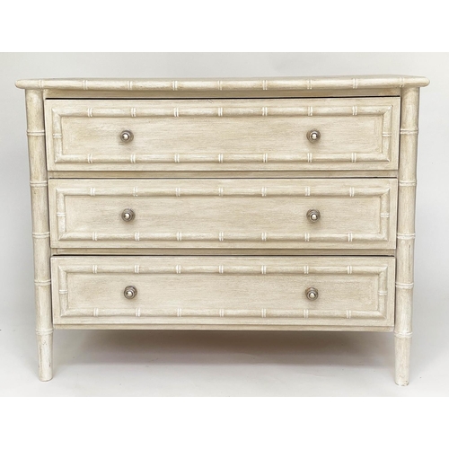 125 - CHEST, Regency style grey painted with faux bamboo frame and three long drawers, 93cm W x 47cm D x 7... 