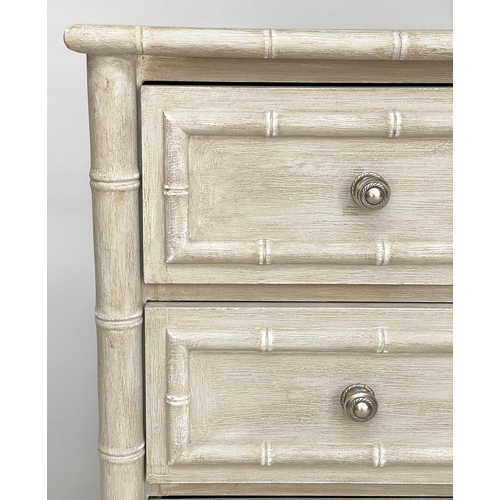 125 - CHEST, Regency style grey painted with faux bamboo frame and three long drawers, 93cm W x 47cm D x 7... 