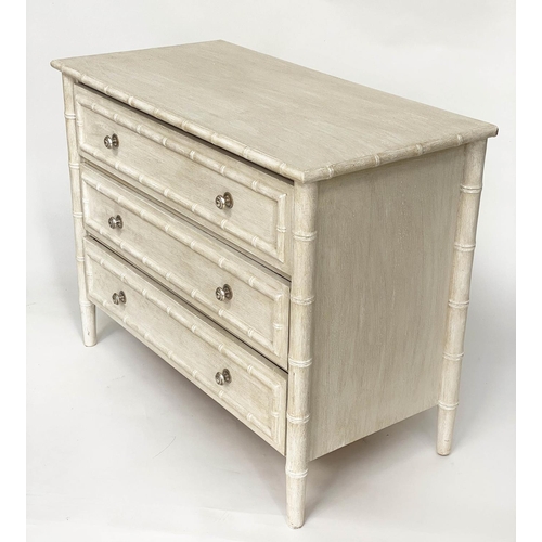 125 - CHEST, Regency style grey painted with faux bamboo frame and three long drawers, 93cm W x 47cm D x 7... 