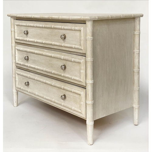 125 - CHEST, Regency style grey painted with faux bamboo frame and three long drawers, 93cm W x 47cm D x 7... 