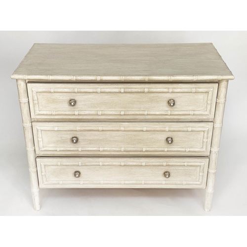 125 - CHEST, Regency style grey painted with faux bamboo frame and three long drawers, 93cm W x 47cm D x 7... 