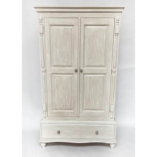 130 - ARMOIRE, French traditionally grey painted with two panelled doors enclosing hanging above a full wi... 