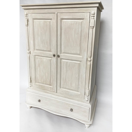 130 - ARMOIRE, French traditionally grey painted with two panelled doors enclosing hanging above a full wi... 