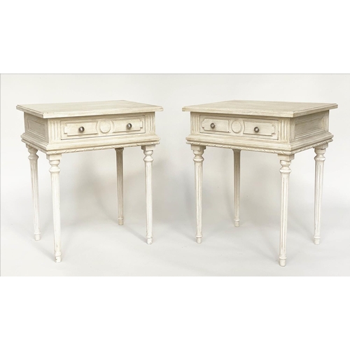 133 - LAMP TABLES, a pair, French Louis XVI style, grey painted each with frieze drawer and fluted support... 