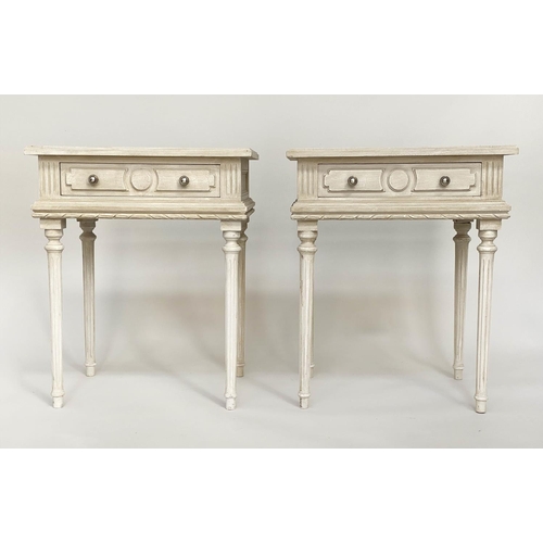 133 - LAMP TABLES, a pair, French Louis XVI style, grey painted each with frieze drawer and fluted support... 