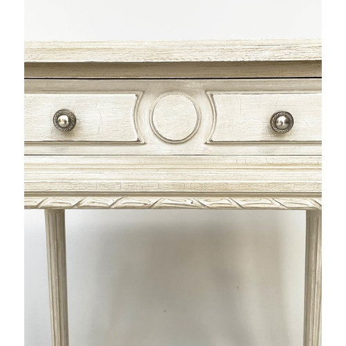 133 - LAMP TABLES, a pair, French Louis XVI style, grey painted each with frieze drawer and fluted support... 