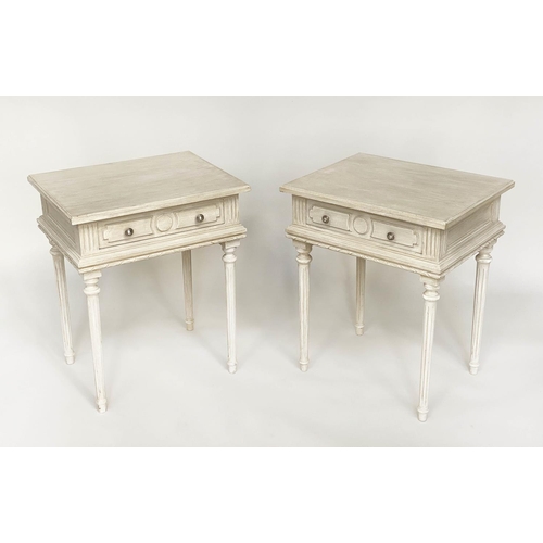 133 - LAMP TABLES, a pair, French Louis XVI style, grey painted each with frieze drawer and fluted support... 