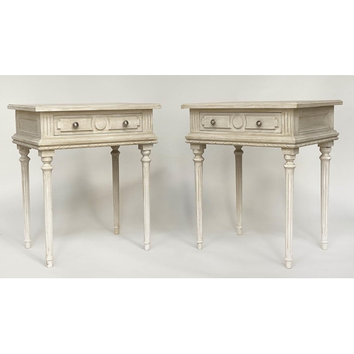 133 - LAMP TABLES, a pair, French Louis XVI style, grey painted each with frieze drawer and fluted support... 