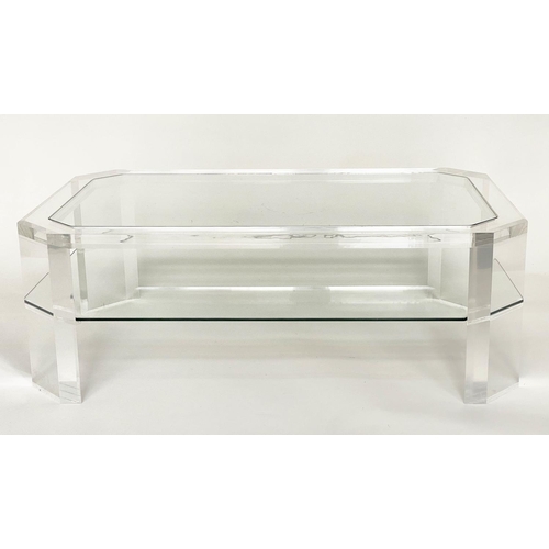 152 - LOW TABLE, 1970s Italian two tier glazed with canted corner lucite frame, 61cm D x 36cm H x 102cm W.