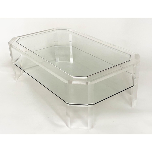 152 - LOW TABLE, 1970s Italian two tier glazed with canted corner lucite frame, 61cm D x 36cm H x 102cm W.