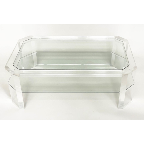 152 - LOW TABLE, 1970s Italian two tier glazed with canted corner lucite frame, 61cm D x 36cm H x 102cm W.