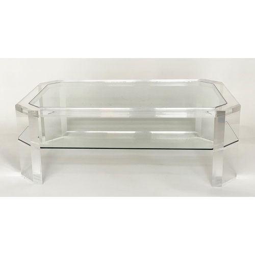 152 - LOW TABLE, 1970s Italian two tier glazed with canted corner lucite frame, 61cm D x 36cm H x 102cm W.