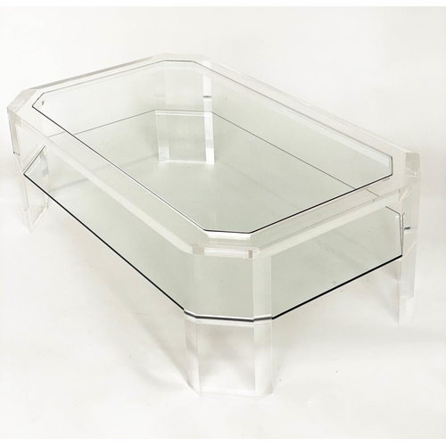 152 - LOW TABLE, 1970s Italian two tier glazed with canted corner lucite frame, 61cm D x 36cm H x 102cm W.