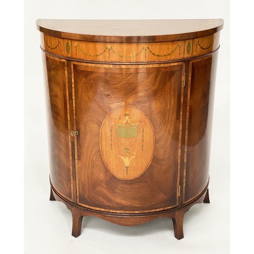 154 - DEMI LUNE COMMODE, 84cm W x 44cm D x 93cm H, George III design, mahogany, satinwood inlaid and cross... 