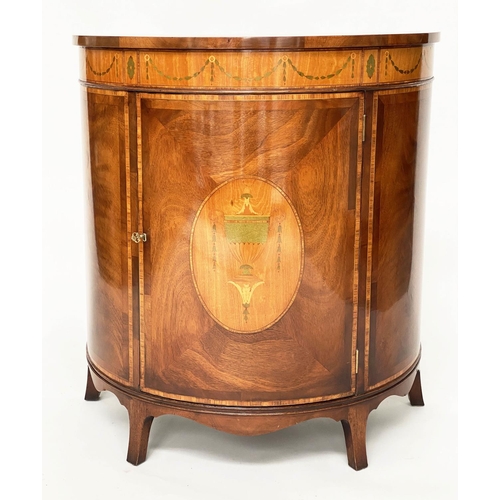 154 - DEMI LUNE COMMODE, 84cm W x 44cm D x 93cm H, George III design, mahogany, satinwood inlaid and cross... 