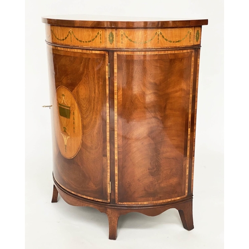 154 - DEMI LUNE COMMODE, 84cm W x 44cm D x 93cm H, George III design, mahogany, satinwood inlaid and cross... 