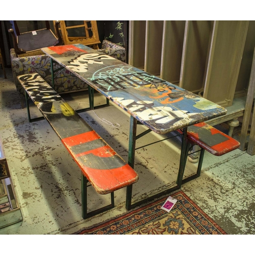 157 - MUNICH BEER FESTIVAL BENCH SET, (including graffiti) comprising a trestle table, 77cm H x 220cm, W x... 