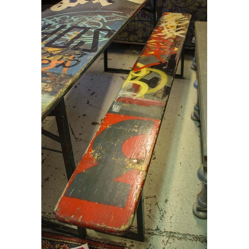 157 - MUNICH BEER FESTIVAL BENCH SET, (including graffiti) comprising a trestle table, 77cm H x 220cm, W x... 