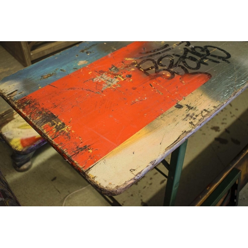 157 - MUNICH BEER FESTIVAL BENCH SET, (including graffiti) comprising a trestle table, 77cm H x 220cm, W x... 