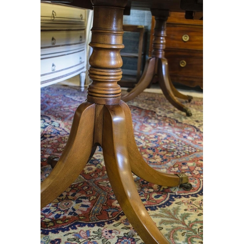 158 - TWIN PEDESTAL DINING TABLE, Georgian mahogany with two extra leaves, brass clips and castors, 72cm H... 