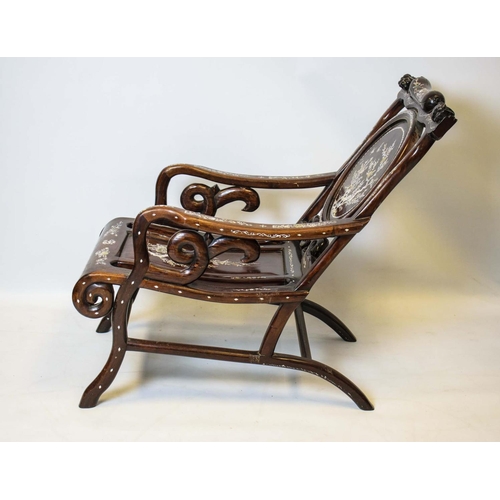 160 - RECLINING ARMCHAIRS, a pair, 86cm H x 56cm W x 98cm D, 20th century Chinese padoukwood and mother of... 