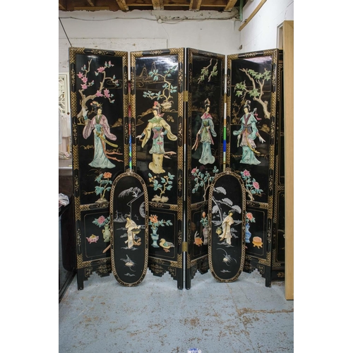 161 - SCREEN, Chinese black lacquer and relief decorated of four panels, each leaf, 183cm x 46cm W and a p... 