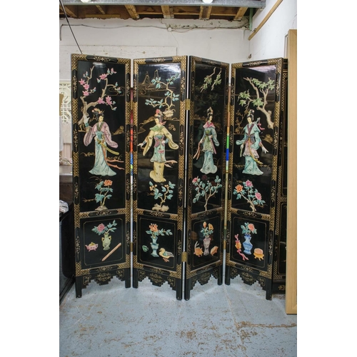 161 - SCREEN, Chinese black lacquer and relief decorated of four panels, each leaf, 183cm x 46cm W and a p... 