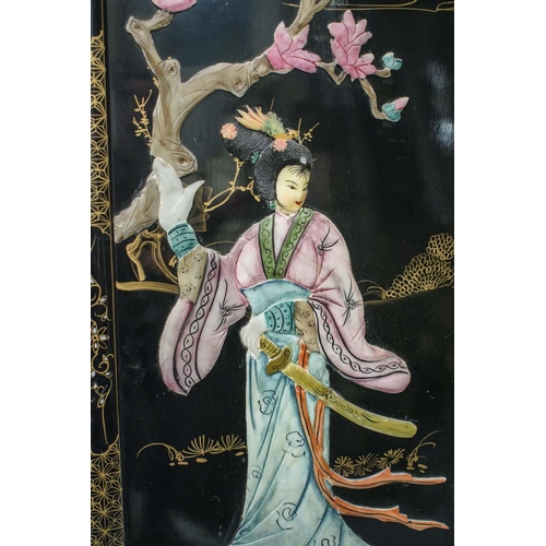 161 - SCREEN, Chinese black lacquer and relief decorated of four panels, each leaf, 183cm x 46cm W and a p... 