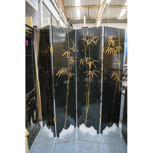 161 - SCREEN, Chinese black lacquer and relief decorated of four panels, each leaf, 183cm x 46cm W and a p... 