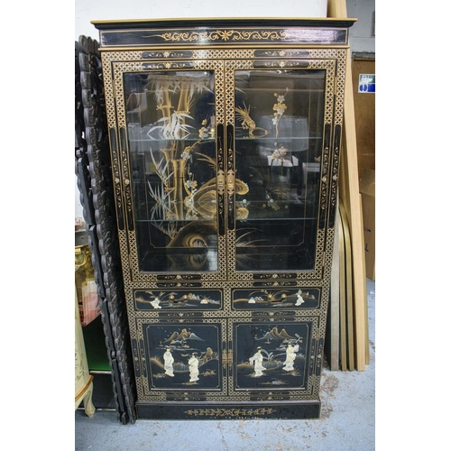 162 - DISPLAY CABINET, 183cm H x 97cm W x 38cm D, Chinese black lacquer and relief decorated with two glaz... 