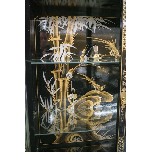 162 - DISPLAY CABINET, 183cm H x 97cm W x 38cm D, Chinese black lacquer and relief decorated with two glaz... 