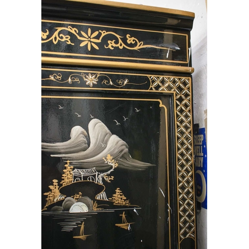 162 - DISPLAY CABINET, 183cm H x 97cm W x 38cm D, Chinese black lacquer and relief decorated with two glaz... 