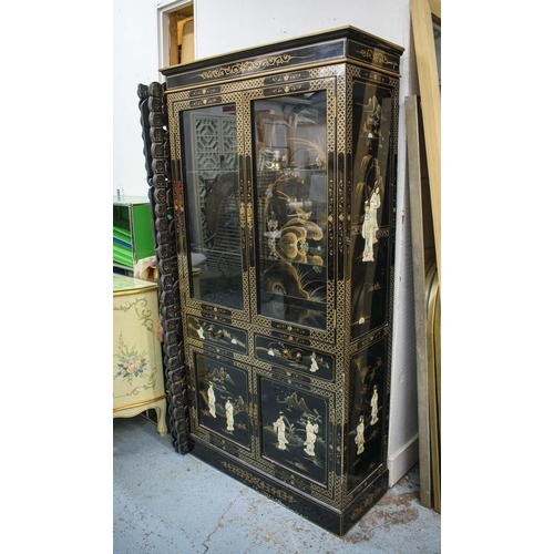 162 - DISPLAY CABINET, 183cm H x 97cm W x 38cm D, Chinese black lacquer and relief decorated with two glaz... 