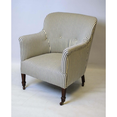 170 - ARMCHAIR, 82cm H x 67cm, Edwardian mahogany and line inlaid in new ticking on ceramic castors.