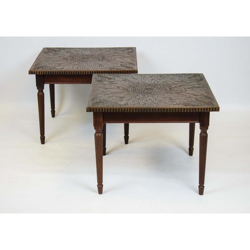 171 - LAMP TABLES, 46cm H x 60cm, a pair, each with square low relief flowerhead decorated top. (2)