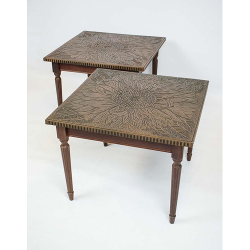 171 - LAMP TABLES, 46cm H x 60cm, a pair, each with square low relief flowerhead decorated top. (2)