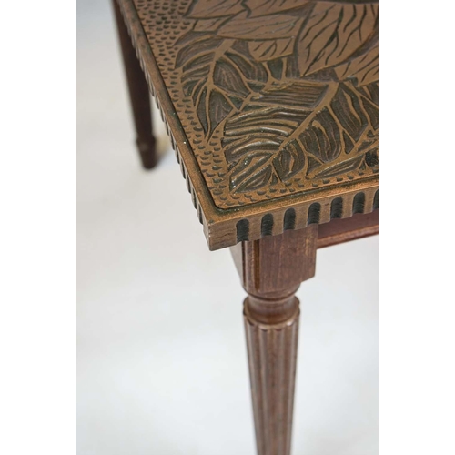 171 - LAMP TABLES, 46cm H x 60cm, a pair, each with square low relief flowerhead decorated top. (2)