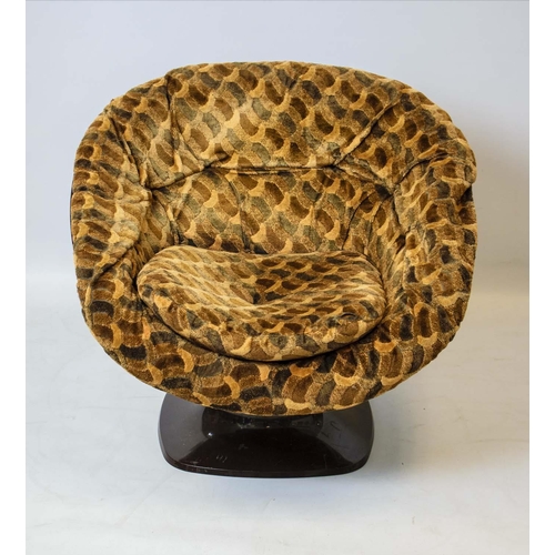 172 - LOUNGE CHAIR, 65cm H x 75cm, circa 1970, brown plastic and patterned upholstery.