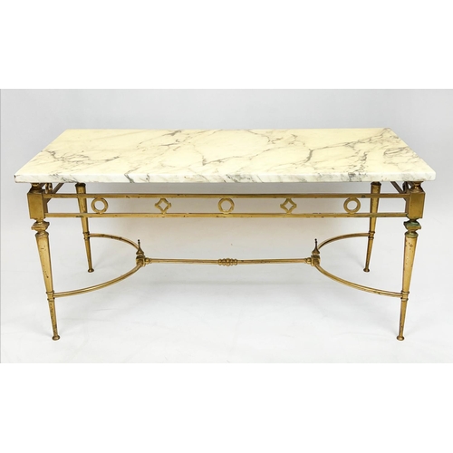 173 - LOW TABLE, 1960's French, rectangular brass frame with variegated marble top, 46cm H x 99cm x 49cm.